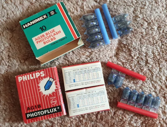 Vintage 7 Philips Photoflux AG1B & 8 Hanimex AG3B Blue Flash Bulbs Blue Spot