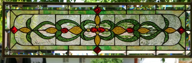 Stained Glass Transom window hanging  33 X 10 1/2 incl hooks,  Brass Frame