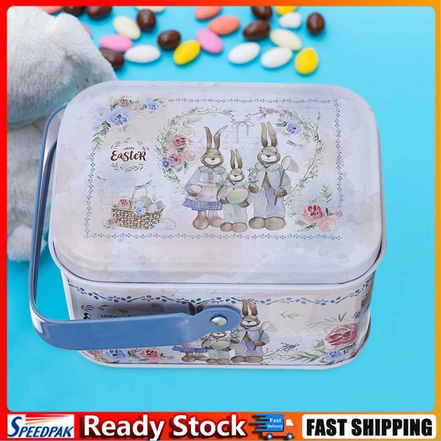 Rabbit Printed Tinplate Gift Box Creative Hand-Held Biscuit Box for Easter (E)