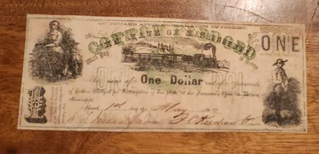 1862 $1 The State Of Mississippi Jackson, Ms “Cotton Pledged” Obsolete Banknote