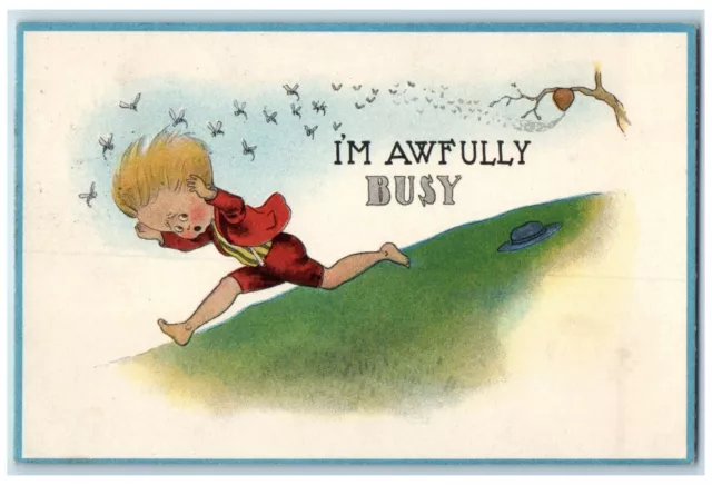 1913 Little Boy Chasing Bees I'm Always Busy Posted Antique Postcard