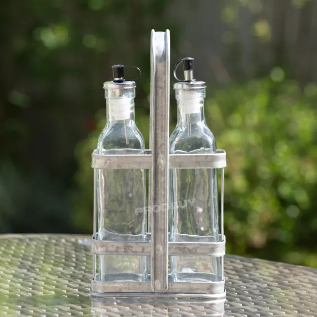 Glass Oil Vinegar Bottle Set Dispenser Pourers Drizzlers Industrial Metal Caddy