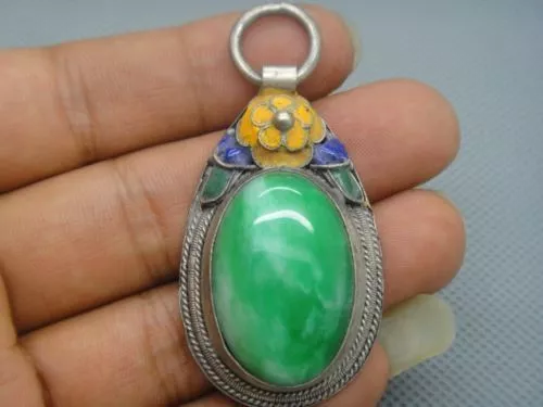 Collectibles Old Decorated Handwork tibet Silver Inlay Jade cloisonne Pendant