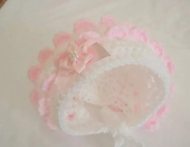 baby girl white crochet bonnet hat pink trim  pink satin bow pink satin flower