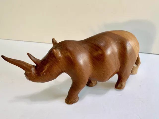 Vintage Hand Carved Wood Rhino Rhinoceros Wooden Vintage Decorative Figurine 8”