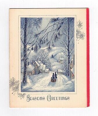 Vintage Embossed Seasons Greetings Card - Christmas Snow Village Scene