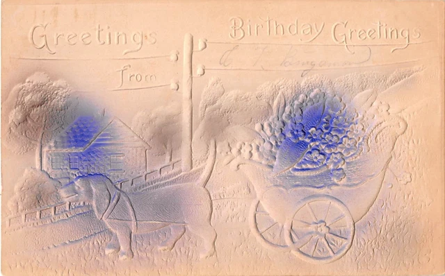 Airbrushed Old Birthday Postcard of Dachshund Dog Pulling Cart of Flowers Airbrushed Old Birthday Postcard of Dachshund Dog Pulling Cart of Flowers