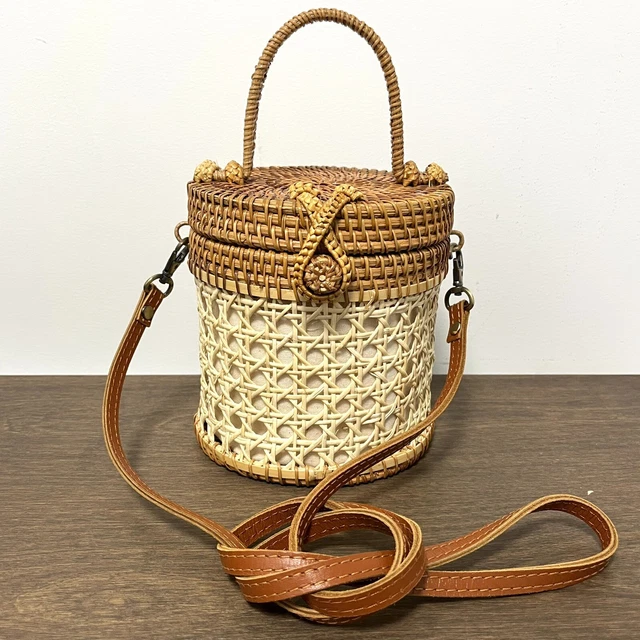 BOHO CHIC BAG Handmade Basket Round Crossbody Handbag Top Handle Lined Beige