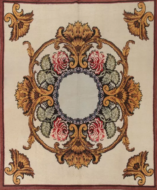Semi-antique Aubusson Ivory Spanish Rug 8x9 ft. Handmade Wool Near Square Carpet Semi-antique Aubusson Ivory Spanish Rug 8x9 ft. Handmade Wool Near Square Carpet
