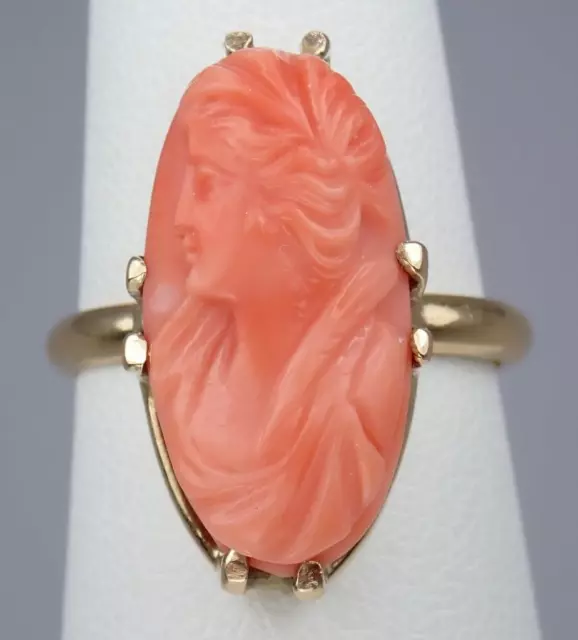Beautiful Antique Victorian 14K Gold Carved Pink Coral Cameo Portrait Ring Sz 7