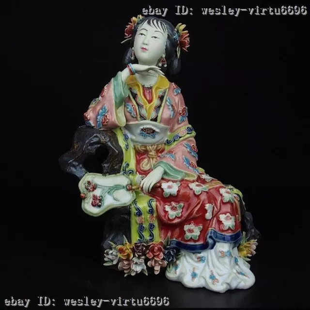 Chinese Pottery Wucai Porcelain Woman Ladies imperial concubine Hold Fan Statue