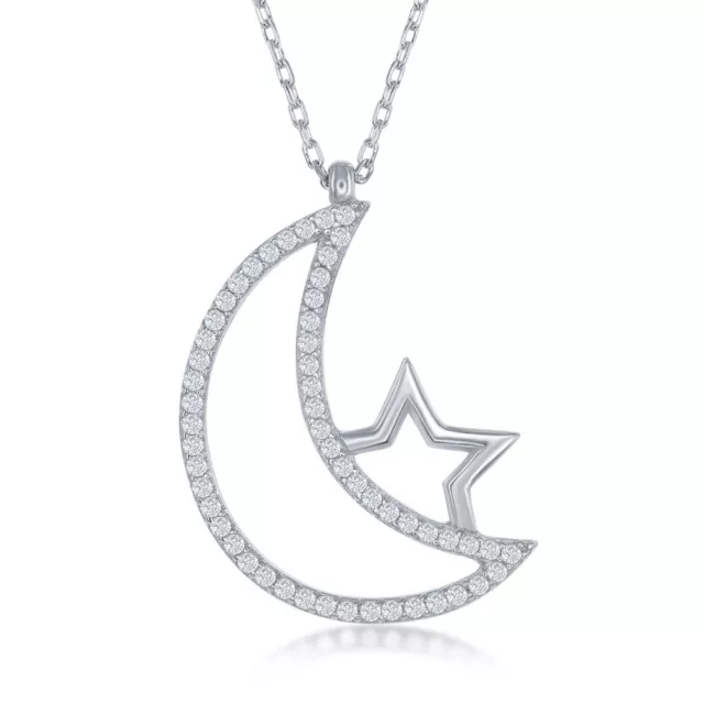 Sterling Silver Open CZ Crescent Moon and Star Necklace