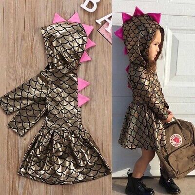 Toddler Kid Baby Girls Clothes Long Sleeve Hooded Dinosaur Dress Cosplay Outfits
