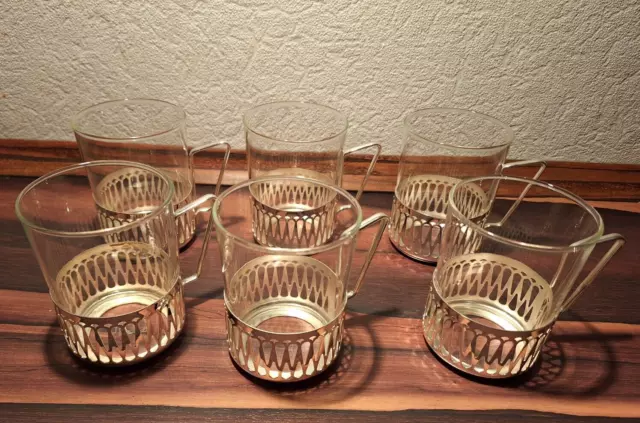 6 Teegläser Schott Mainz Jenaer Glas in Metallhalter, vintage, retro, Teetasse