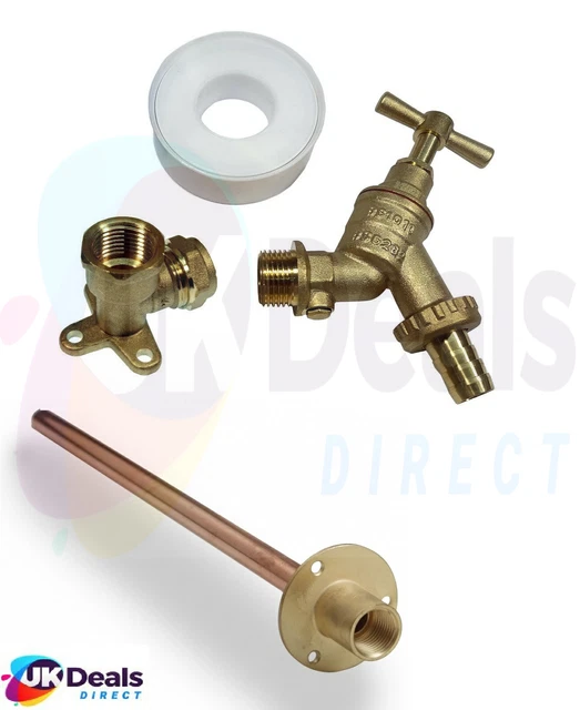 Garden Tap Outside Tap Kit With Brass Wall Plate Elbow or Through plate pipe 1/2