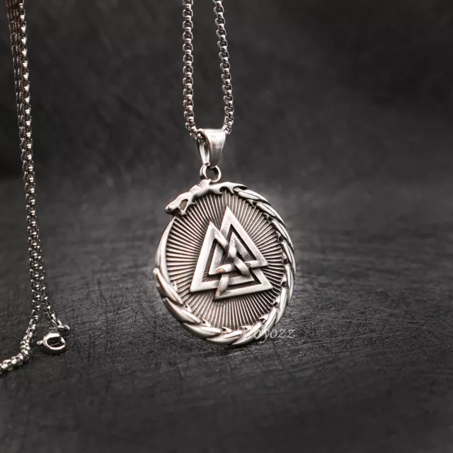 Vintage Viking Talisman Valknut Dragon Pendant Necklace Stainless Steel Men Gift