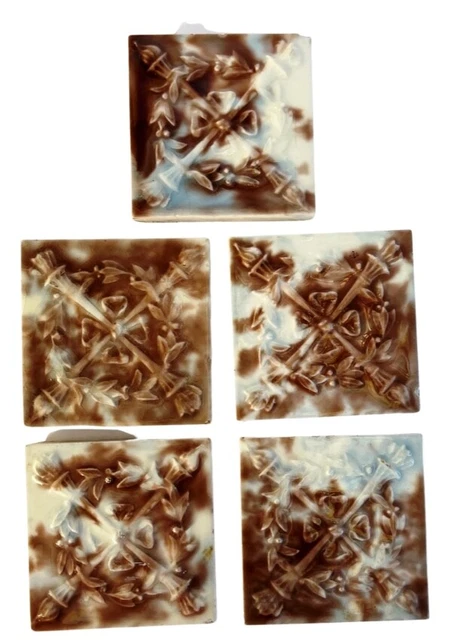 Set 5 Antique OLD BRIDGE Art Pottery Tiles VICTORIAN Majolica Glazed Embossed