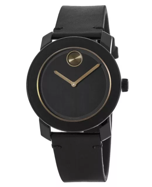 New Movado Bold 42mm Black Leather Strap Men's Watch 3600297