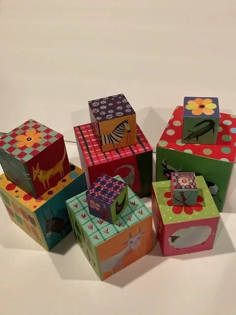 Djeco Stacking Cubes 10 Nature and Animal Blocks Nesting Cubes Toddler Toy 34”