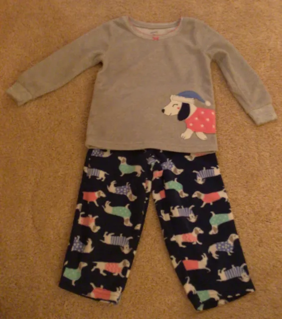 Carters Girls 2-Pc Fleece Embroidered Dog Gray  Top/Printed Pants 2T NWOT