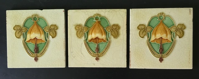Three Antique Art Nouveau flower tiles circa 1900