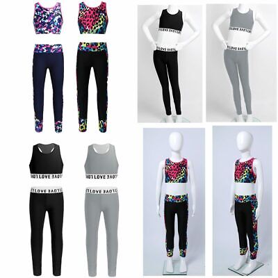 Girls Athletic Sports Outfits Gym Kids Ballet Crop Tops+Leggings Set Costumes