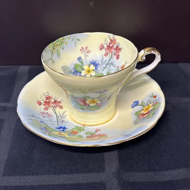 Vintage Aynsley Yellow & Blue Floral Corset Bone China Cup and Saucer England