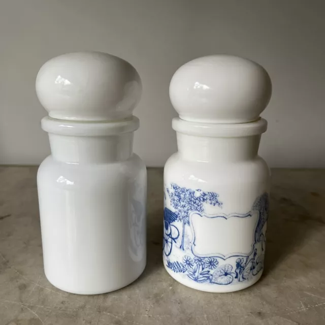 2 VINTAGE milk glass mid-century jars or bottles 1 with pattern