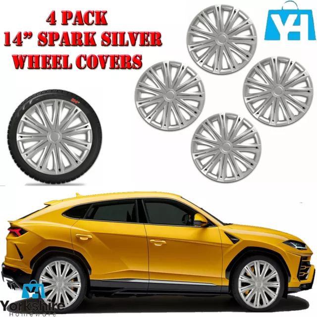 Wheel Trims 14" Hub Caps Spark Plastic Covers Set Of 4 Silver Specific Fit R14
