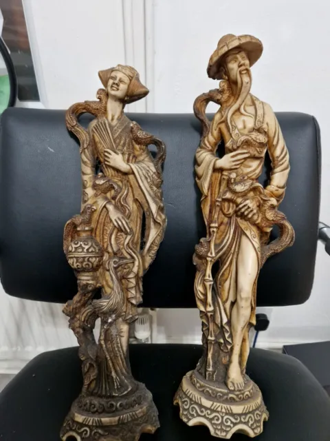 Large Vintage Pair Male & Female Oriental Resin Figures 