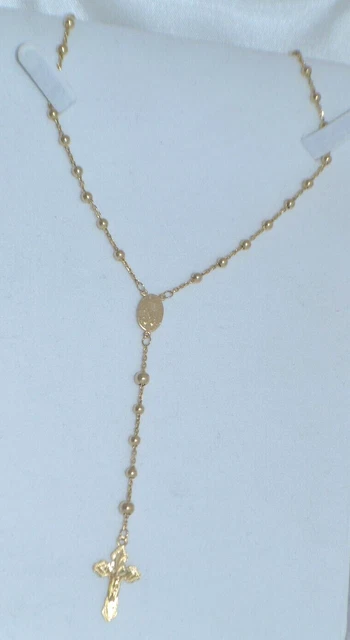 14K Yellow Gold Rosary Bead Miraculous Pendant Cross 17" Necklace 14K Yellow Gold Rosary Bead Miraculous Pendant Cross 17" Necklace