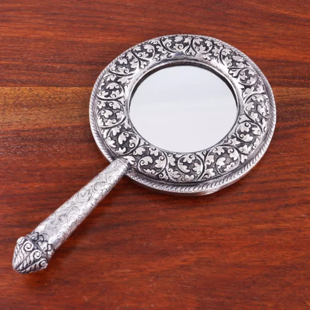 Heavy Asian ? Sterling Silver Hand Mirror Ornately Decorated Engraving Styles