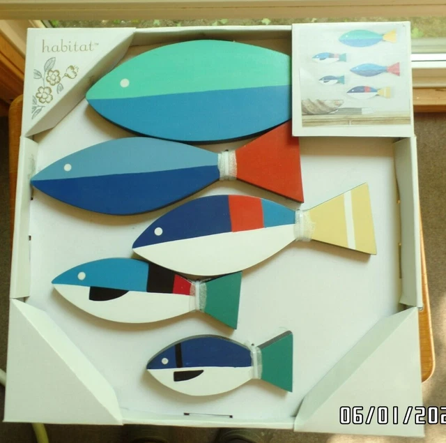 New 5 pcs. Colorful Wood FISH WALL DECOR 6"-14" long by habitat