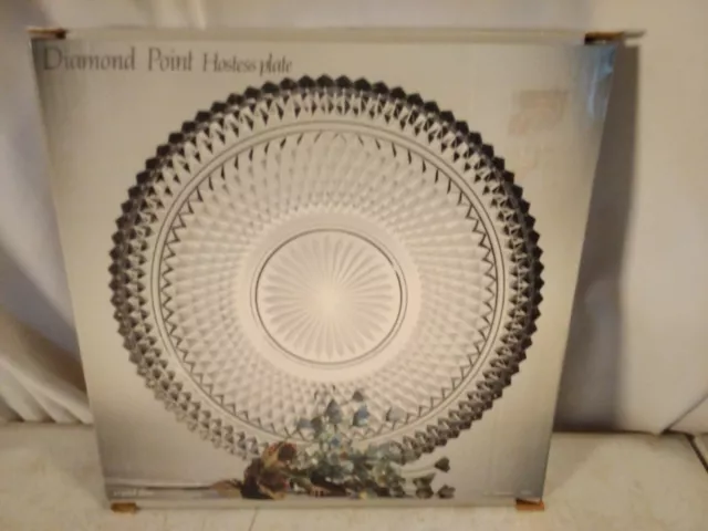 NIB Indiana Glass Diamond Point Crystal Glass 12 Inch Hostess Plate