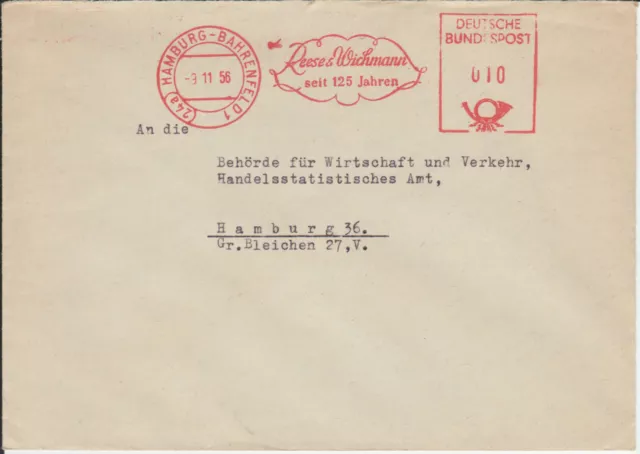 Firmenbrief mit Freistempel / AFS Hamburg-Bahrenfeld, Reese & Wichmann, 1956