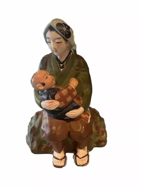 Rare Vintage Hakata Urasaki Clay Figurine Lady Holding Baby