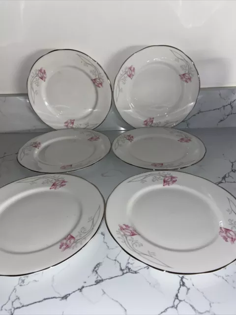 Very Pretty Duchess Bone China Pink And Grey Dog Rose Salad Plates (6)