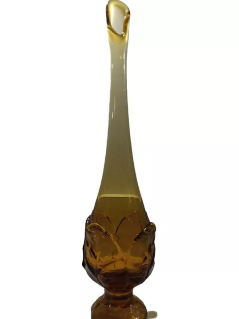 Vintage VIKING ART GLASS 13 3/4” Amber Swung Vase w/ Textured Cabbage Leaf Base