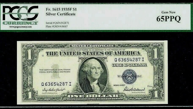 Fr.1615 $1.00 1935-F SILVER CERTIFICATE Q63654287I PCGS 65 PPQ GEM UNCIRULATED!!