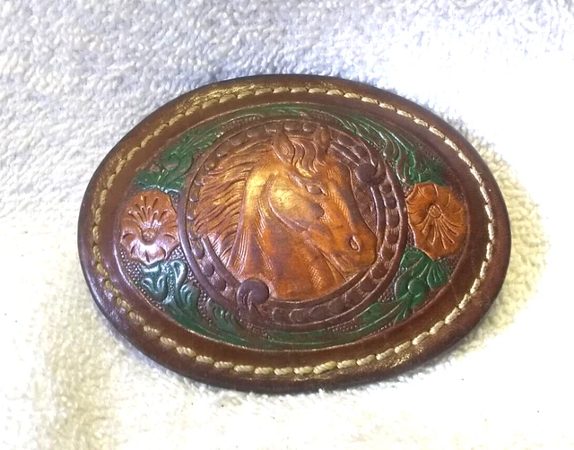 Hand Tooled Horse Head Leather Over Metal Buckle Flowers Sides Buckle Great !!!