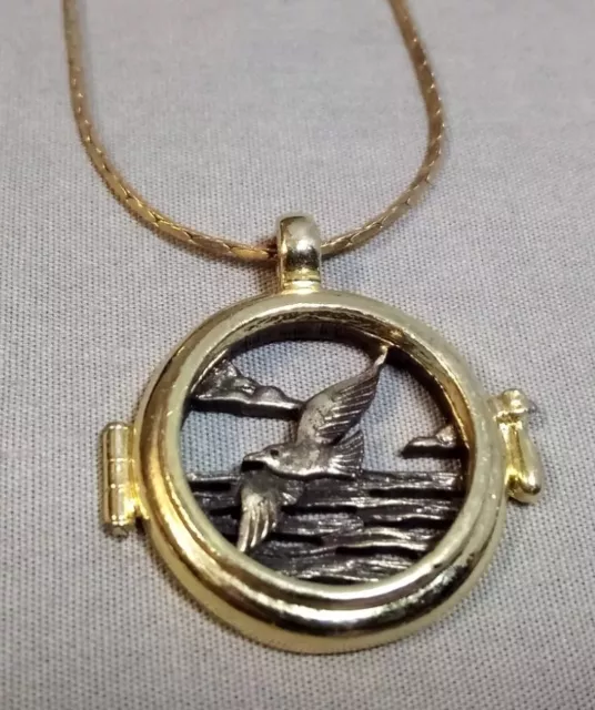 Vintage Two Tone Gold Silver Seagull Bird Ocean Coastline Cloud Scene Necklace