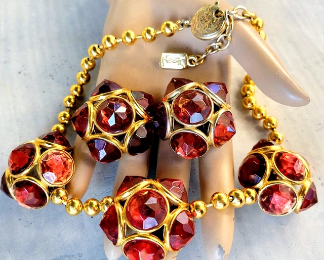 A Set! Vtg Ysl Yves Saint Laurent Cosmic Globes Necklace Earrings Rich Red Gold