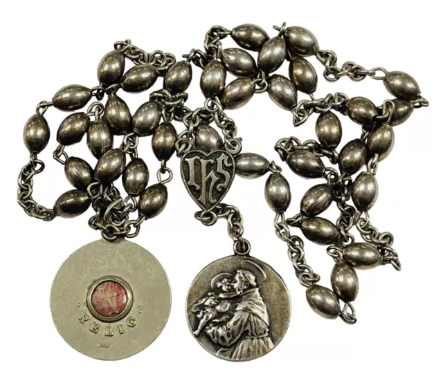 Old Vintage Silver Plate Saint St Anthony Rosary Miraculous Medal Necklace Relic