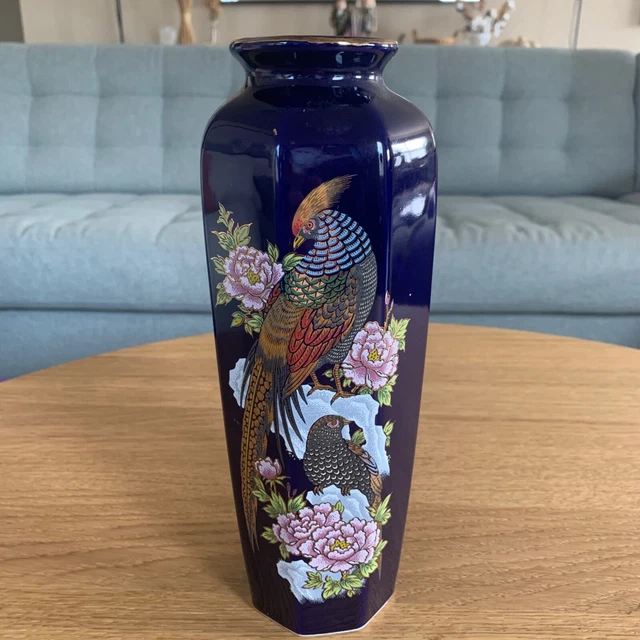 Vintage 11" Cobalt Blue Japanese Floral Peacock Multi Sided Vase W/ Gold Accents
