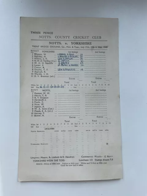 Vintage Nottinghamshire County Cricket Club Match Scorecard 1948 V Yorkshire