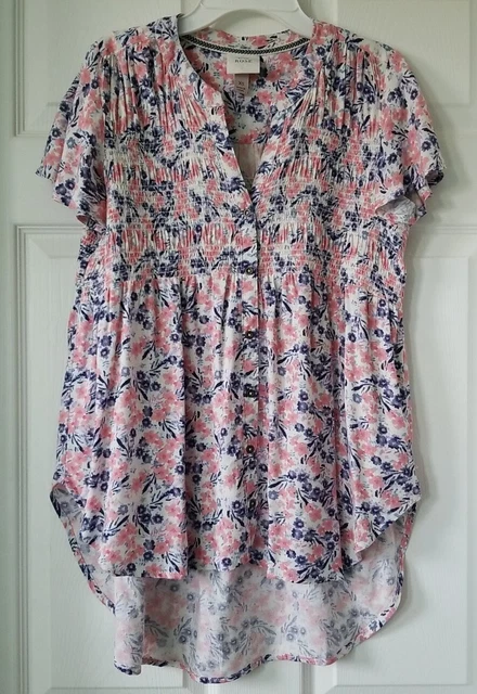 KNOX ROSE Pink & Blue Floral Short Sleeve Button Front Smocked Top Womens XS