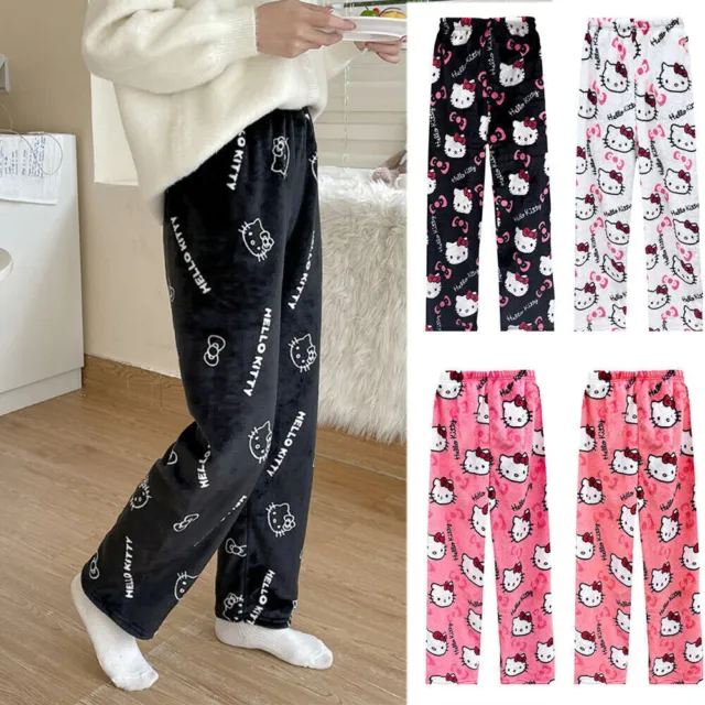 Hello Kitty Pajamas Black Flannel Women Casual Home Pants Unisex Warm Trousers