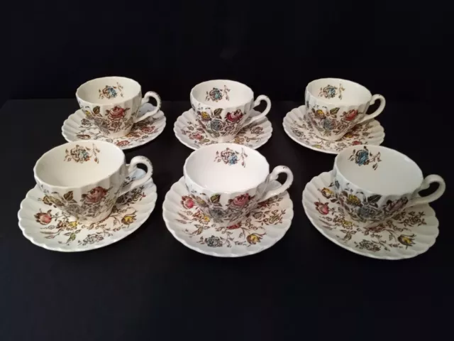 Staffordshire Bouquet Johnson Brothers Tea Cups and Saucers Set of 6 Ironstone
