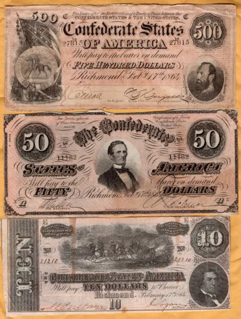 $10, $50, and Stonewall Jackson $500 Confederate States Banknotes, from 1864