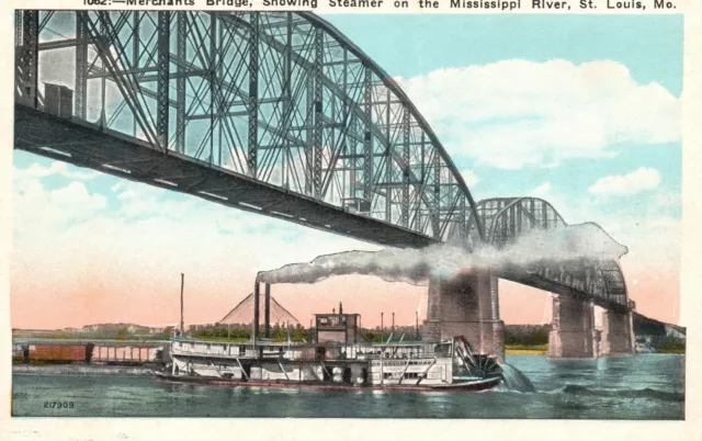 Vintage Postcard 1920's Merchants Bridge Steamer Mississippi River St. Louis MO